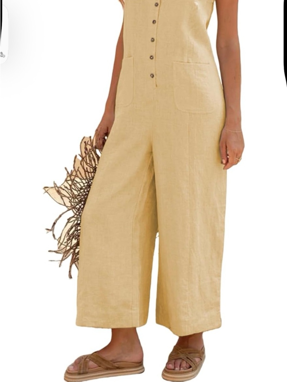 Sleeveless Button-Front Wide-Leg Jumpsuit in Light Beige